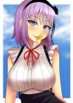  1girl absurdres bangs blue_eyes blunt_bangs breasts chips clouds cloudy_sky dagashi_kashi eyebrows_visible_through_hair flower food hair_flower hair_ornament hairband highres large_breasts lavender_hair looking_at_viewer potato_chips ringed_eyes shidare_hotaru shirt sidelocks skirt sky sleeveless sleeveless_shirt solo suspender_skirt suspenders the_only_shoe upper_body 
