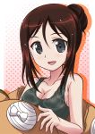  1girl :d bangs black_shirt breasts brown_hair character_request cleavage collarbone covered_nipples girls_und_panzer grey_eyes hair_between_eyes hair_bun hanzou highres looking_at_viewer medium_breasts open_mouth parted_bangs shirt sideboob sidelocks sleeveless sleeveless_shirt smile solo tied_hair upper_body 