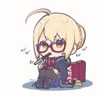  1girl ahoge artoria_pendragon_(all) bangs black_footwear black_jacket blonde_hair blue_skirt boots braid brown_eyes brown_legwear chibi eating eyebrows_visible_through_hair fate/grand_order fate_(series) food food_in_mouth full_body glasses hair_between_eyes hair_bun hood hood_down hooded_jacket index_finger_raised jacket long_sleeves mysterious_heroine_x_(alter) nagu pantyhose plaid plaid_scarf pleated_skirt pocky red-framed_eyewear red_scarf scarf sitting skirt solo white_background 