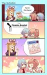  !! 3girls 4koma ? ascot bat_wings blonde_hair blue_hair calendar_(object) comic commentary dress english flandre_scarlet hand_on_another&#039;s_shoulder hat highres holding letter mob_cap multiple_girls pink_dress puffy_short_sleeves puffy_sleeves purple_dress red_eyes red_neckwear red_vest remilia_scarlet short_hair short_sleeves siblings side_ponytail sisters smile text_focus touhou upper_body vest wing_collar wings yakumo_yukari yoruny 