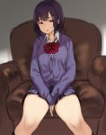  1girl bangs black_skirt bow bowtie breasts couch hair_ornament hairclip houtengeki long_sleeves looking_at_viewer original parted_lips purple_hair purple_sweater red_eyes red_neckwear short_hair sitting skirt solo sweater thighs 
