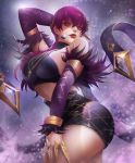  1girl arched_back arm_up ass bare_shoulders breasts brown_eyes commentary curvy evelynn headset highres hips huge_ass jewelry k/da_(league_of_legends) k/da_evelynn kaze_no_gyouja large_breasts league_of_legends lipstick long_hair looking_at_viewer makeup necklace parted_lips purple_hair solo thick_thighs thighs wide_hips 