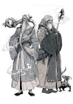  2boys beard crossed_arms dragon facial_hair greyscale hair_ornament hair_stick holding holding_staff jug kyoung_hwan_kim long_hair long_sleeves male_focus monochrome mouth_hold multiple_boys old_man original pipe robe smoking staff standing stroking_beard wide_sleeves 