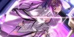 1girl bangs blue_bow bow breasts breasts_apart choker dress eyebrows_visible_through_hair fate/grand_order fate_(series) floating_hair hair_between_eyes hair_bow hair_ornament head_tilt holding holding_wand large_breasts long_hair looking_at_viewer ponytail purple_dress purple_hair red_eyes scathach_(fate)_(all) scathach_skadi_(fate/grand_order) see-through sleeveless sleeveless_dress smile solo standing thigh-highs tsuuhan very_long_hair wand 