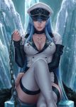  1girl 2018 absurdres akame_ga_kill! artist_name bangs black_choker blue_eyes blue_hair blurry boots breasts chains chest_tattoo choker cleavage collarbone cross depth_of_field double-breasted esdeath fingernails hair_between_eyes hand_on_own_thigh hat highres holding ice legs_crossed lips long_hair long_sleeves looking_at_viewer medium_breasts military military_uniform nose parted_lips peaked_cap pov realistic sciamano240 shirt sidelocks signature sitting sleeves_past_wrists smile solo tattoo thigh-highs thigh_boots thighs uniform very_long_hair white_footwear white_hat white_shirt 
