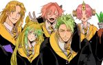  achilles_(fate) animal_ears astolfo_(fate) atalanta_(fate) brown_eyes brown_hair chiron_(fate) closed_eyes collared_shirt commentary covered_eyes eyebrows_visible_through_hair fangs fate/grand_order fate_(series) frankenstein&#039;s_monster_(fate) green_eyes green_hair hair_over_eyes harry_potter highres horn long_hair mandrake matimatio multicolored_hair necktie open_mouth orange_hair pink_hair robe shirt short_hair two-tone_hair v yellow_eyes 