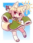  1girl animal_ear_fluff animal_ears bangs bare_shoulders blonde_hair blue_sky blush clouds commentary_request day detached_sleeves eyebrows_visible_through_hair fox_ears fox_girl fox_tail green_shirt green_sleeves hair_between_eyes hair_bun hair_ornament head_tilt kemomimi-chan_(naga_u) kneehighs long_hair long_sleeves looking_at_viewer naga_u original outstretched_arms parted_lips red_eyes red_footwear ribbon-trimmed_sleeves ribbon_trim shirt sidelocks sky sleeveless sleeveless_shirt sleeves_past_fingers sleeves_past_wrists solo sun_(symbol) tail white_legwear zouri 
