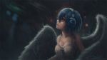  album_cover angel angel_wings bare_shoulders blue_hair blurry blurry_background bra bra_through_clothes breasts cleavage cover dress headphones highres phyrnna profile rain sad short_hair sundress tmiracle underwear wallpaper wet white_dress white_wings wings yellow_eyes 