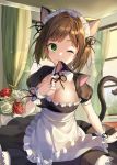  1girl alternate_costume animal_ears apron bangs bob_cut breasts brown_hair cat_ears cat_tail cleavage commentary curtains enmaided eyebrows_visible_through_hair fake_animal_ears flower green_eyes idolmaster idolmaster_cinderella_girls idolmaster_cinderella_girls_starlight_stage indoors large_breasts looking_at_viewer maekawa_miku maid maid_headdress medium_hair mouth_hold one_eye_closed pinb puffy_sleeves short_sleeves solo sparkle symbol_commentary tail upper_body window wrist_cuffs 