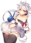  1girl asymmetrical_hair bare_shoulders black_legwear blue_ribbon braid breasts buttons cleavage collarbone dress failure_penguin hair_ribbon hips jitome kantai_collection large_breasts long_hair off_shoulder open_mouth red_ribbon ribbon sailor_dress silver_hair simple_background single_braid solo thigh-highs thighs unryuu_(kantai_collection) very_long_hair wavy_hair white_background white_dress wrist_cuffs yamaarashi yellow_eyes zettai_ryouiki 