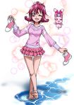  1girl ;d aida_mana barefoot bow dokidoki!_precure eyebrows_visible_through_hair frilled_skirt frills full_body hair_between_eyes hair_bow hanzou heart heart_print holding_foot layered_skirt long_sleeves looking_at_viewer miniskirt one_eye_closed open_mouth pink_bow pink_eyes pink_hair pink_shirt pink_skirt precure print_shirt sharuru_(dokidoki!_precure) shiny shiny_hair shirt short_hair skirt smile soles solo standing striped striped_shirt white_bow 
