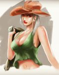  1girl absurdres ashe_(overwatch) asymmetrical_hair booger_wang breasts casual cleavage cowboy_hat earrings eyeliner hat highres jacket_over_shoulder jewelry lipstick looking_at_viewer makeup medium_breasts medium_hair mole_above_mouth no_bra overwatch red_eyes red_lipstick revision short_hair silver_hair solo tank_top 