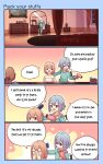  4koma bedroom blonde_hair blue_hair blue_pajamas brushing_another&#039;s_hair comic commentary english flandre_scarlet hair_brush hair_down hair_dryer highres indoors mirror painting_(object) pajamas red_eyes remilia_scarlet short_hair text_focus touhou yoruny 