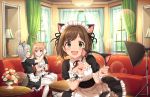  3girls :d alternate_costume anastasia_(idolmaster) animal_ears apron blonde_hair blush_stickers brown_hair cat_ears closed_eyes couch fang fang_out flower frills green_eyes idolmaster idolmaster_cinderella_girls idolmaster_cinderella_girls_starlight_stage indoors lamp light_brown_hair maekawa_miku maid maid_apron maid_headdress multicolored_hair multiple_girls ninomiya_asuka official_art open_mouth short_hair silver_hair smile sparkle table thigh-highs violet_eyes window 
