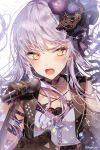  1girl bang_dream! bangs black_gloves blush breasts choker corset cropped_jacket dress eyebrows_visible_through_hair floating_hair flower glint gloves hair_ornament hand_up highres holding holding_microphone jacket jewelry light_particles long_hair looking_at_viewer microphone minato_yukina music necklace open_clothes open_jacket open_mouth purple_flower rose sidelocks silver_hair singing sleeveless_jacket small_breasts solo sparkle sweat taya_5323203 twitter_username upper_body yellow_eyes 
