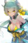  1girl artist_name bikini_top bow breasts cleavage closed_mouth dragon_horns fate/grand_order fate_(series) green_hair hair_between_eyes hair_bow highres horns kashu_(hizake) kiyohime_(fate/grand_order) long_hair looking_to_the_side medium_breasts smile solo swimsuit twintails white_background yellow_bikini_top yellow_bow yellow_eyes 