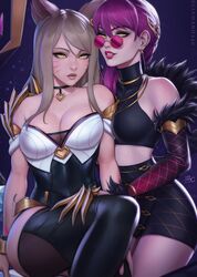  2018 2girls ahri animal_ears arm_between_breasts bare_shoulders blonde_hair braid choker claws evelynn fox_ears fox_tail fur_trim hair_ornament hand_on_shoulder hand_on_thigh heart heart_choker highres jewelry k/da_(league_of_legends) k/da_ahri k/da_evelynn league_of_legends legs_crossed lips lipstick long_hair looking_at_viewer makeup mascara mirco_cabbia multiple_girls necklace off_shoulder purple_hair round_eyewear side_braid signature sitting smile strapless sunglasses tail thigh-highs yellow_eyes 