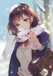  1girl bag bag_charm bare_tree blue_coat blue_sky blurry blurry_background blush bow brown_eyes brown_hair charm_(object) handbag highres looking_at_viewer medium_hair original outdoors red_bow scarf school_uniform sky snow snow_on_head solo standing sweater_vest tree white_scarf 
