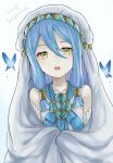  1girl akina_(akn_646) aqua_(fire_emblem_if) aqua_hair bug butterfly fire_emblem fire_emblem_heroes fire_emblem_if hair_between_eyes insect long_hair nintendo open_mouth sidelocks simple_background solo upper_body veil white_background yellow_eyes younger 