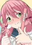  1girl akashi_(kantai_collection) blush green_eyes hair_ribbon highres kantai_collection long_hair looking_at_viewer nanokah2 pink_hair pregnancy_test pregnant ribbon smile solo tress_ribbon 