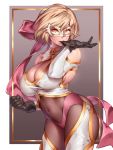  1girl blonde_hair breasts cleavage covered_navel djeeta_(granblue_fantasy) gloves granblue_fantasy highres large_breasts mask mouth_pull short_hair sideboob solo wrestler_(granblue_fantasy) wrestling_outfit yellow_eyes yin-ting_tian 