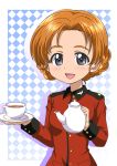  1girl :d braid cup girls_und_panzer grey_eyes hanzou holding jacket looking_at_viewer open_mouth orange_hair orange_pekoe red_jacket short_hair smile solo st._gloriana&#039;s_military_uniform teacup teapot tied_hair upper_body 