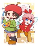  2girls :d adeleine bangs beret black_legwear blue_eyes blue_skirt blue_wings brown_eyes brown_footwear brown_hair canvas_(object) chibi collared_shirt commentary_request dress easel eyebrows_visible_through_hair fairy fairy_wings green_shirt hair_between_eyes hair_ribbon hand_up hat holding holding_paintbrush kirby:_star_allies kirby_(series) kneehighs long_sleeves loose_socks multiple_girls naga_u nintendo open_mouth paintbrush painting_(object) parted_bangs pink_hair red_dress red_hat red_ribbon ribbon ribbon_(kirby) shirt shoes skirt smile standing star wings 