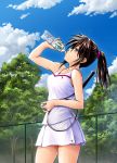  1girl aqua_eyes arm_up bare_shoulders blue_sky blush bottle breasts brown_hair chain-link_fence clouds collarbone contrapposto cowboy_shot day drinking fence high_ponytail highres mid_knight original outdoors pleated_skirt ponytail profile racket shiny shiny_skin shirt sidelocks skirt sky sleeveless sleeveless_shirt solo sportswear standing sweat tennis tennis_racket tennis_uniform tree water_bottle white_shirt white_skirt 