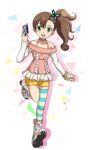  1girl :d asymmetrical_legwear bracelet brown_hair butterfly_hair_ornament card choker chousoku_henkei_gyrozetter collarbone full_body green_eyes hair_between_eyes hair_ornament hanzou holding holding_card inaba_rinne jewelry leg_up long_hair long_sleeves looking_at_viewer off-shoulder_shirt open_mouth pink_shirt shirt short_shorts shorts side_ponytail single_thighhigh smile solo standing standing_on_one_leg striped striped_legwear thigh-highs white_sleeves yellow_shorts 