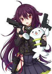  1girl absurdres ahoge bangs black_jacket black_panties black_skirt blush commentary eyebrows_visible_through_hair fang fingernails fish_hair_ornament girls_frontline groin gun hair_between_eyes hair_ears hair_ornament handgun head_tilt highres holding holding_gun holding_stuffed_animal holding_weapon holster ivan_wang jacket long_hair long_sleeves looking_at_viewer object_namesake open_mouth p226_(girls_frontline) panties pistol pleated_skirt purple_hair red_eyes side_cutout sig_sauer_p226 simple_background skirt solo stuffed_animal stuffed_seal stuffed_toy underwear very_long_hair weapon white_background 