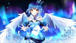  album_cover angel_wings artist_name aurora bare_shoulders blue_dress blue_hair cover crown dress feathers hair_ornament highres ice ice_crystal original phyrnna planet sky snow snowflake_hair_ornament snowflakes squchan star_(sky) starry_sky watermark white_wings wings yellow_eyes 