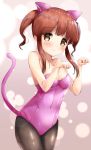  1girl animal_ear_fluff animal_ears bangs bare_arms bare_shoulders blush breasts brown_eyes brown_hair brown_legwear cat_ears cat_girl cat_tail closed_mouth collarbone commentary_request covered_navel eyebrows_visible_through_hair fake_animal_ears fingernails hairband head_tilt highres idolmaster idolmaster_cinderella_girls kittysuit kuroba_aki leotard long_hair ogata_chieri pantyhose paw_pose pink_hairband pink_leotard sidelocks small_breasts smile solo strapless strapless_leotard tail tail_raised twintails 