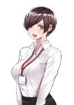  1girl :d arms_at_sides breasts brown_hair earrings highres id_card jewelry lanyard large_breasts norman_maggot office_lady open_mouth pencil_skirt red_eyes shirt short_hair skirt smile solo standing upper_body white_background white_shirt 