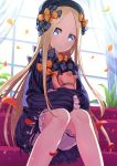  1girl abigail_williams_(fate/grand_order) bangs black_bow black_dress black_hat blonde_hair bloomers blue_eyes bow bug butterfly closed_mouth coconat_summer commentary_request couch curtains dress fate/grand_order fate_(series) hair_bow hat head_tilt highres indoors insect knees_together_feet_apart long_hair long_sleeves looking_at_viewer object_hug on_couch orange_bow parted_bangs petals polka_dot polka_dot_bow sitting sleeves_past_fingers sleeves_past_wrists solo stuffed_animal stuffed_toy sunlight teddy_bear transparent underwear very_long_hair white_bloomers window 