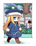  1girl bangs blonde_hair blue_eyes blue_hat blue_jacket blue_skirt blue_sky blush boots brown_footwear brown_mittens building bush chibi closed_mouth clouds cloudy_sky collared_shirt commentary_request day eyebrows_visible_through_hair flower fur-trimmed_hat fur-trimmed_sleeves fur_trim green_shirt gunner hat highres jacket juliet_sleeves knee_boots long_hair long_sleeves looking_away mittens naga_u pleated_skirt puffy_sleeves sekaiju_no_meikyuu shirt skirt sky solo standing tree v-shaped_eyebrows very_long_hair white_background yellow_flower 