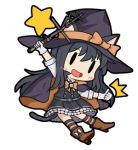  1girl animal_ears asashio_(kantai_collection) bamomon black_dress black_hair boots bow bowtie cape cat_ears dress fairy_(kantai_collection) gloves halloween hat kantai_collection long_hair lowres star striped striped_legwear tail thumbs_up wand white_gloves witch witch_hat |_| 