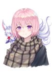  1girl bangs blush bow closed_mouth commentary_request creature eyebrows_visible_through_hair fate/grand_order fate_(series) fou_(fate/grand_order) hair_between_eyes highres mash_kyrielight on_shoulder one_eye_closed pink_hair plaid red_bow seungju_lee short_hair simple_background smile upper_body violet_eyes white_background 