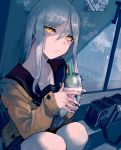  1girl bag bench commentary_request cup drinking_straw hair_between_eyes headphones highres holding holding_cup kantai_collection long_hair looking_at_viewer parted_lips pleated_skirt sailor_collar school_bag school_uniform sidelocks sitting skirt starbucks starbucks_siren supply_depot_hime sweater ta-class_battleship walzrj white_hair window yellow_eyes 