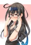  1girl adjusting_eyewear bangs black-framed_eyewear black_hair blush closed_mouth commentary_request flying_sweatdrops glasses hands_up hatsushimo_(kantai_collection) juurouta kantai_collection long_hair looking_at_viewer pink_background smile solo sparkle upper_body 