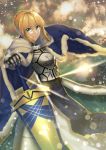  1girl ahoge armor armored_dress artoria_pendragon_(all) bangs blonde_hair blue_cape braided_bun breastplate cape eyebrows_visible_through_hair fate/stay_night fate_(series) faulds fur_trim gauntlets green_eyes hand_on_hilt highres lip-mil looking_at_viewer parted_lips saber shiny shiny_hair short_hair smile solo standing 
