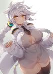  1girl admiral_(kantai_collection) admiral_(kantai_collection)_(cosplay) alternate_costume black_neckwear blouse blush braid breasts bursting_breasts cosplay cowboy_shot eyebrows_visible_through_hair grey_blouse hair_ornament kantai_collection large_breasts long_braid long_hair looking_at_viewer military military_uniform necktie shiny shiny_skin simple_background single_braid sleeves_past_wrists smile solo thigh-highs thighs uniform unryuu_(kantai_collection) very_long_hair white_background yamaarashi yellow_eyes 