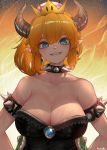  1girl armlet artist_name bare_shoulders blue_earrings blue_eyes blush bowsette breasts cleavage clenched_teeth collar collarbone crown earrings hair_between_eyes highres horns hot jewelry kashu_(hizake) large_breasts looking_at_viewer super_mario_bros. new_super_mario_bros._u_deluxe nintendo pointy_ears ponytail sharp_teeth short_hair smile solo sparkling_eyes spiked_armlet spiked_collar spikes super_crown sweat teeth 