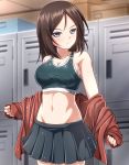  1girl bangs black_hair black_skirt black_sports_bra blue_eyes blurry blurry_background breasts cleavage closed_mouth commentary cowboy_shot depth_of_field frown girls_und_panzer highres indoors large_breasts locker locker_room long_hair long_sleeves looking_at_viewer miniskirt navel nonna off_shoulder pleated_skirt pravda_school_uniform red_shirt school_uniform shirt shirt_pull skirt solo standing sweat swept_bangs undressing zanntetu 