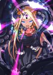  1girl abigail_williams_(fate/grand_order) bangs black_bow black_dress black_hat blonde_hair blue_eyes bow bug butterfly commentary_request dress fate/grand_order fate_(series) glowing glowing_eyes hair_bow hat insect long_hair long_sleeves looking_at_viewer object_hug open_mouth orange_bow parted_bangs polka_dot polka_dot_bow sleeves_past_fingers sleeves_past_wrists solo star_(sky) stuffed_animal stuffed_toy suction_cups teddy_bear tentacle tilted_headwear tsurime ugume very_long_hair 
