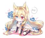  1girl animal_ears arm_support babydoll black_footwear black_legwear blonde_hair blue_eyes blue_flower blue_rose blush breasts cartoon_bone commentary flower fox_ears g41_(girls_frontline) girls_frontline hair_ornament heart heterochromia kneeling long_hair low-tied_long_hair melings_(aot2846) mismatched_legwear red_eyes rose shoes small_breasts solo speech_bubble spoken_object thigh-highs very_long_hair white_babydoll white_background white_legwear 