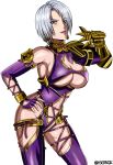  bangs blue_eyes breasts earrings gauntlets hair_over_one_eye hand_on_hip highres isabella_valentine ise_(isejp1) jewelry large_breasts lipstick makeup navel purple_lipstick revealing_clothes short_hair silver_hair smile solo soul_calibur standing under_boob 