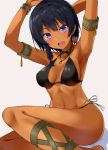  1girl :d armlet armpits arms_behind_head arms_up bangs belt_collar bikini black_bikini black_hair blush bracelet braid commentary_request dark_skin earrings feather_earrings gomashi_(goma) head_tilt highres jewelry layered_bikini leg_garter long_hair looking_at_viewer navel necklace open_mouth original ring_necklace side-tie_bikini simple_background sitting smile solo swimsuit thighs upper_teeth violet_eyes white_background 
