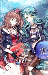  2girls aqua_hair aqua_rose artist_name bang_dream! bangs bass_guitar black_bow black_gloves black_jacket black_ribbon blurry blurry_background bow breasts brown_hair cable cleavage crop_top cropped_jacket denim denim_shorts earrings electric_guitar fingerless_gloves floral_print flower garter_straps gloves green_eyes guitar hair_bow hair_flower hair_ornament hair_ribbon heart_pendant hikawa_sayo hoop_earrings imai_lisa instrument jacket jewelry long_hair looking_at_viewer midriff multiple_girls music nennen o-ring one_side_up open_mouth playing_instrument red_collar red_flower red_rose red_shirt ribbon rose rose_print shirt shorts single_thighhigh small_breasts smile striped striped_shirt studded_jacket thigh-highs thigh_strap triangle_earrings twitter_username vertical-striped_shirt vertical_stripes zipper 