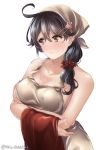  1girl alternate_costume apron black_hair blush breasts closed_mouth commentary_request eyebrows_visible_through_hair grey_hair hair_between_eyes hair_ornament hairclip juurouta kantai_collection large_breasts long_hair naked_apron ponytail solo sweat sweatdrop ushio_(kantai_collection) 