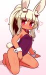  1girl :o animal_ear_fluff animal_ears arm_support bare_legs bare_shoulders barefoot belt_collar blonde_hair blush breasts bunny_girl bunny_tail bunnysuit commentary_request full_body gradient gradient_background heart heart-shaped_pupils highres leotard long_hair looking_at_viewer naga_u original parted_lips pink_background purple_leotard rabbit_ears red_collar red_eyes shadow sidelocks small_breasts solo strapless strapless_leotard symbol-shaped_pupils tail tan white_background wrist_cuffs 